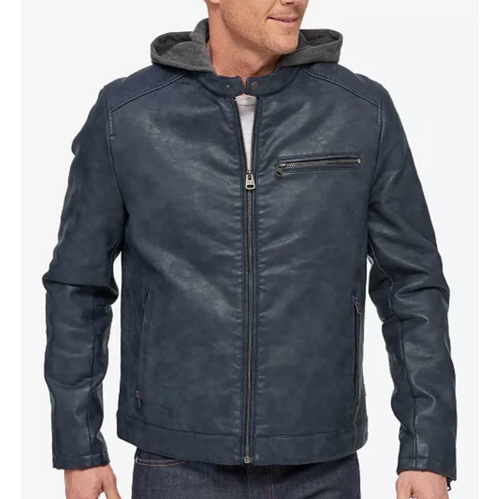 Men's Blue Faux Leather Jacket with Hood